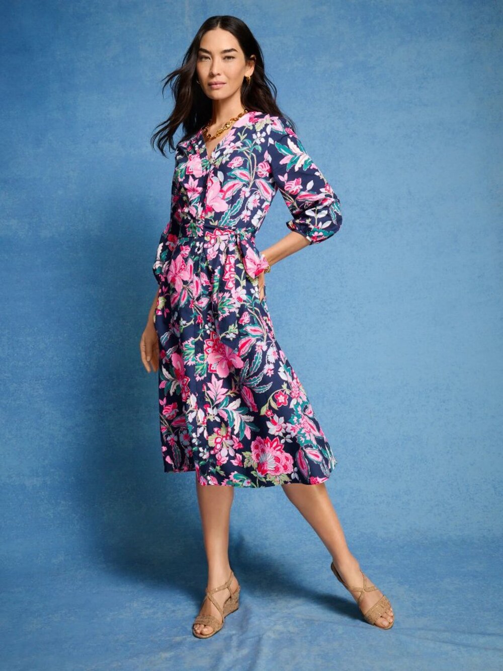 Talbots Petite Tropical Floral Dress 16P | Button Front | Belted | 3/4 Sleeve